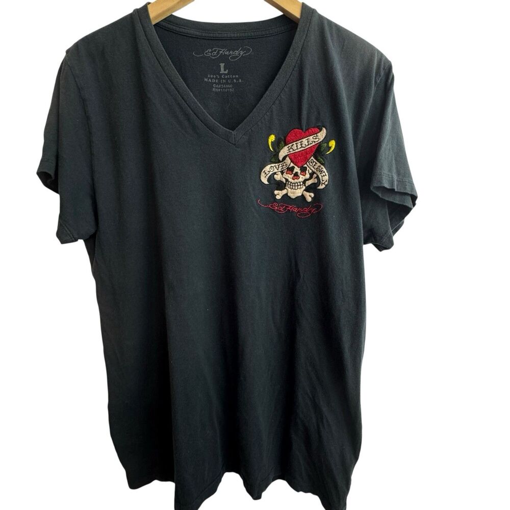 Vtg Y2K Ed Hardy Men L Spell Love Kills Slowly Embroidered Skull T-Shirt USA